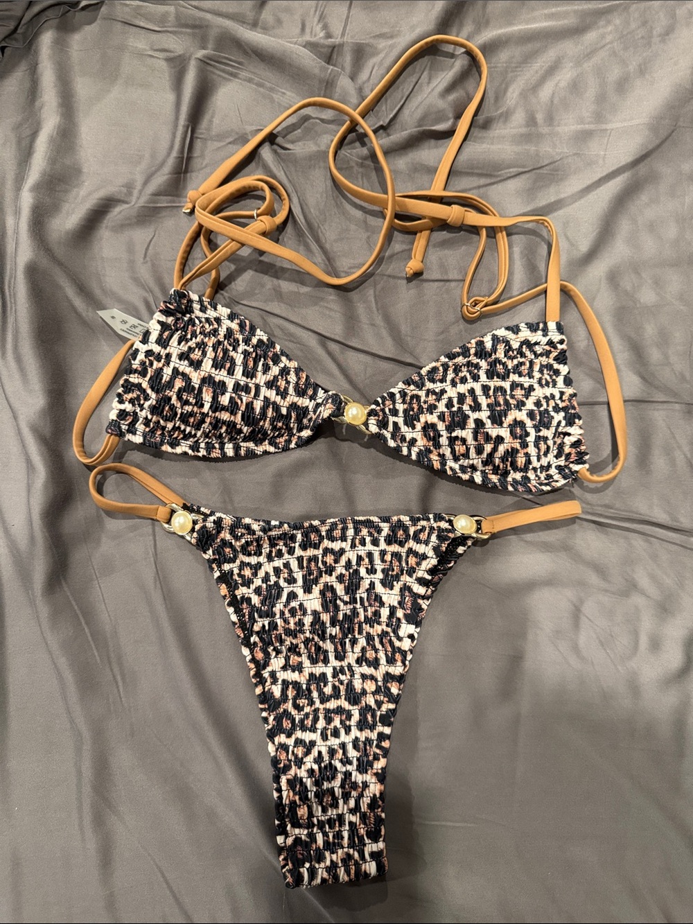 Cupshe Leopard Smocked Bikini with Tan Straps - Size S - Brand New Never Worn